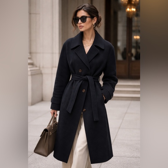vintage Jackets & Blazers - Vintage luxury Cashmere Italian Fabric Union Made Navy Belted Coat